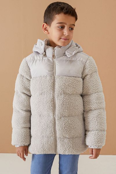 Cansın Mini Gray Hooded Lined Boy's Plush Coat 19323