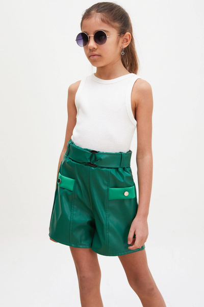 Cansın Mini Green Belted Girl's Leather Shorts with Front Pocket 18220