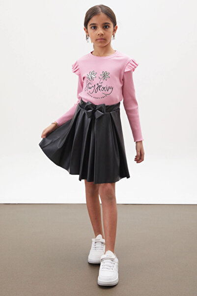 Cansın Mini Pink Floral Printed Girl's Suit with Badi Leather Skirt 18009