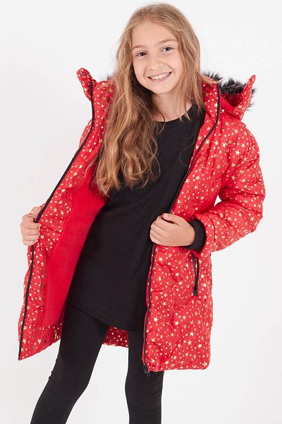 Cansın Mini Girl's Coat Star Patterned Hooded Puffer Coat 14535
