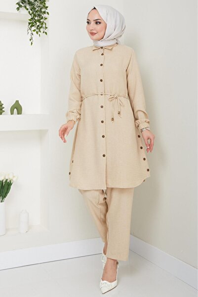 hafsamina Μπεζ Διπλό Σετ - Κουμπί Λεπτομερές HM2448