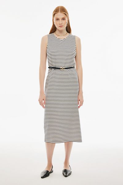Perspective Carmans Regular Fit Striped Patterned Tea Length Zero Sleeve U Collar Ecru Navy Color Dress