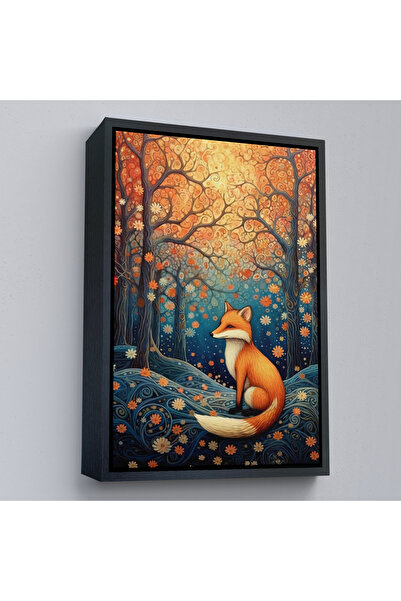 Oxyteez Pictură de vulpe galbenă în pădure abstractă cu cadru din lemn-7527