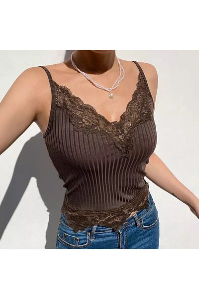 Köstebek Γυναικείο T-shirt με Δαντέλα Κεντημένο Καφέ λουράκι