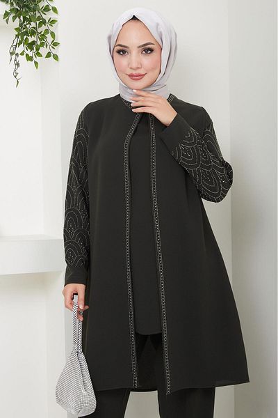 hafsamina Stone Detailed Plus Size Mother Set - Khaki HM2504