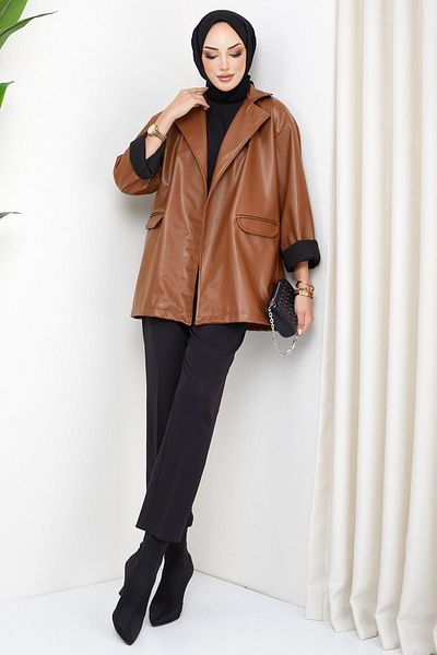 hafsamina Δερμάτινο μπουφάν Oversize Καφέ HM2338