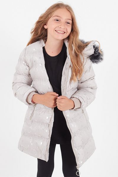 Cansın Mini Girl's Coat Snow Patterned Hooded Puffer Coat 14530
