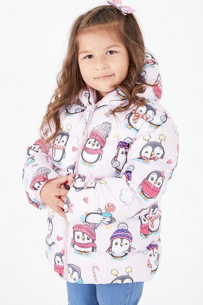 Cansın Mini Girl's Penguin Printed Coat Pink 15603
