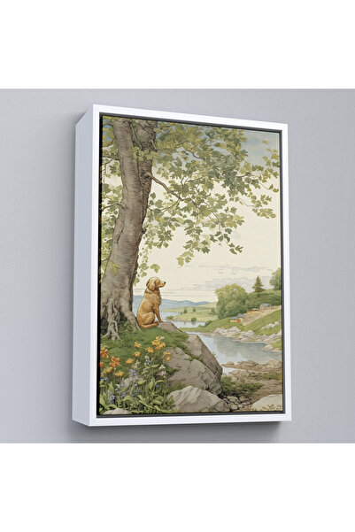 Oxyteez Ζωγραφική με μοναχικό σκύλο που παρακολουθεί το τοπίο με ξύλινο πλαίσ...