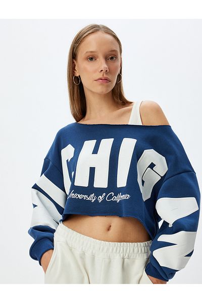Koton College Printed - Crop Oversize Sweatshirt Boat Neck Hooded