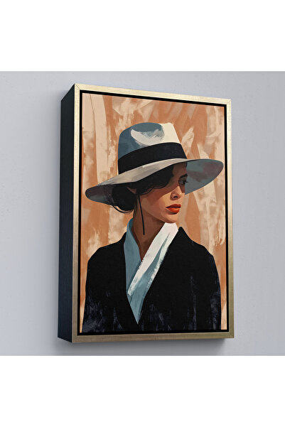 Home Abstract Woman with Wooden Frame and White Hat Painting-7623