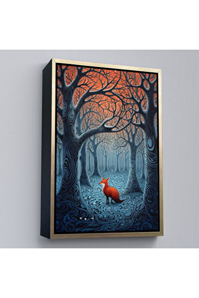 Oxyteez Pictură de vulpe galbenă în pădure abstractă cu cadru din lemn-7514