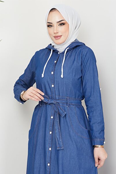 hafsamina Τζιν φόρεμα με ζώνη με κουμπιά σκούρο μπλε