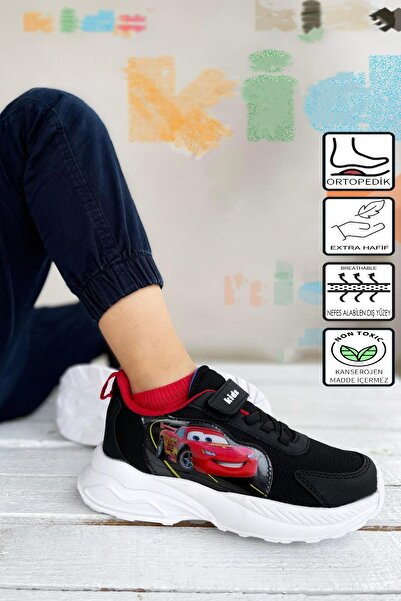 Kidx RF2340 Cars Sneaker, екстра леки ортопедични мъжки ежедневни детски спортни обувки, черно-червени