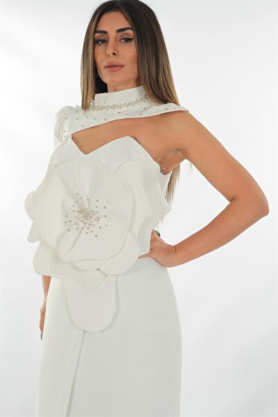 aşkın göksu Kemik Yaka Taş Işlemeli Gül Detaylı Krep Kadın Abiye