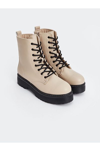 LC Waikiki Lcw Steps Beige Lace-Up Leather Look Women's Boots
