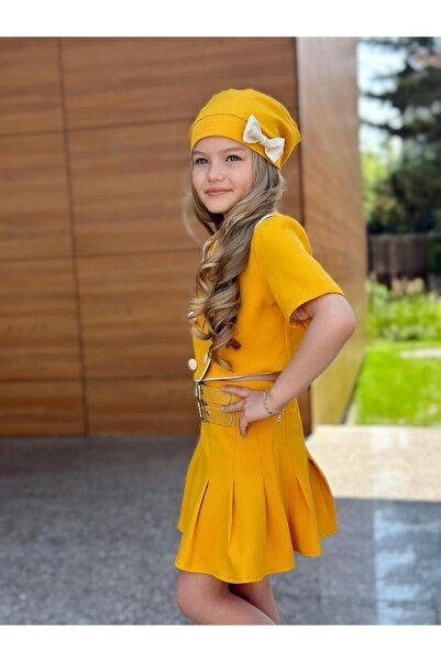 KOKOŞ BEBEK Kokoş Belt Detailed Skirt, Double Collar Detailed Shirt and Bow Hat Included Set |   Between 3/5 Years