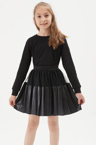 Cansın Mini Fusta din piele pentru fete din tul negru plisat 15274