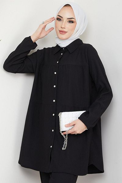 hafsamina Wrinkled Double Suit with Layer Shirt Black
