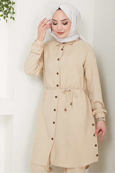 hafsamina Μπεζ Διπλό Σετ - Κουμπί Λεπτομερές HM2448