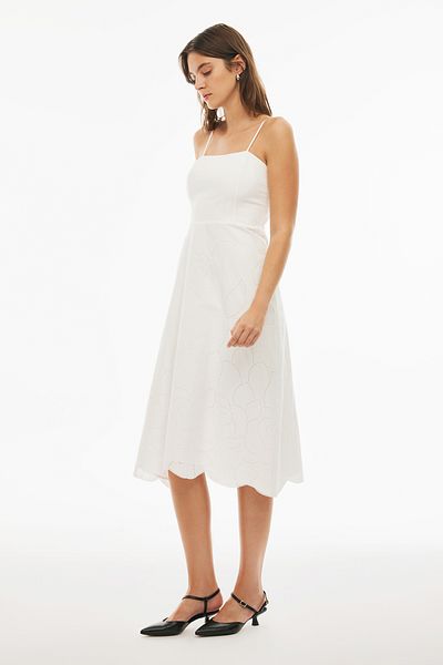 Perspective Branny Regular Fit Midi Length Strap Square Collar Ecru Color Dress