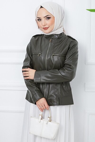 hafsamina Μπουφάν από συνθετικό δέρμα με γιακά με φερμουάρ Χακί HM2342