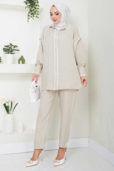 hafsamina Beige Embroidered Double Suit - HM2491