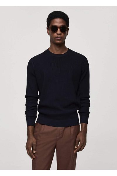 MANGO Man Pulover din tricot din bumbac cu nervuri