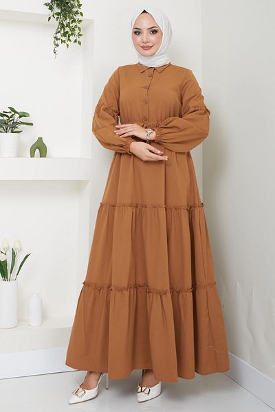 hafsamina Tan Colored Button Detailed Gathered Dress - HM2493