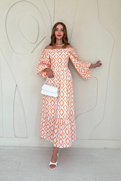 Elbee Fashion Woman Φόρεμα με τετράγωνο γιακά με διαμάντι - Πορτοκαλί 7519