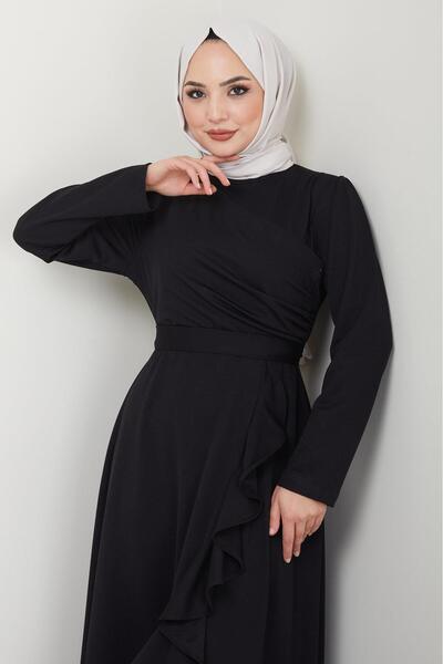 hafsamina Eteği Fırfırlı Drapeli Elbise Siyah HM2419