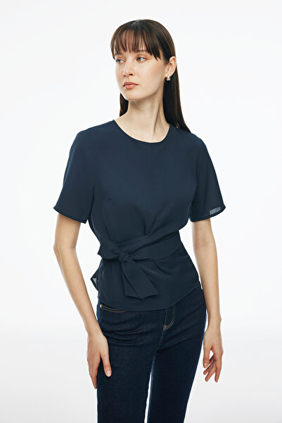 Perspective Elonias Navy Blue Regular Fit Women's Blouse - Zero Sleeve, Crew Neck