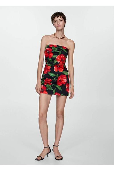 MANGO Woman Floral Strapless Dress