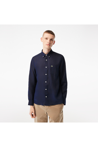 Lacoste Erkek Regular Fit Düğmeli Yaka Keten Lacivert Gömlek