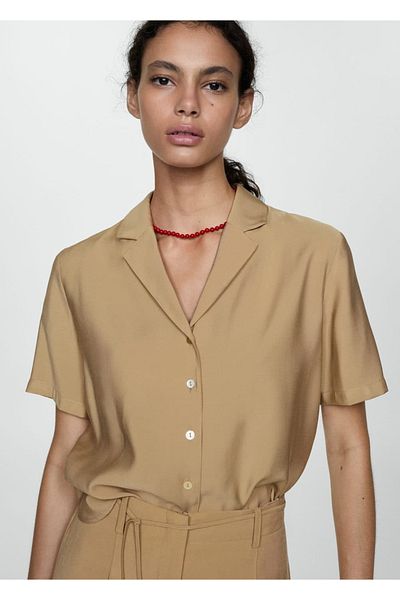 MANGO Woman Satynowa koszula z krótkim rękawem