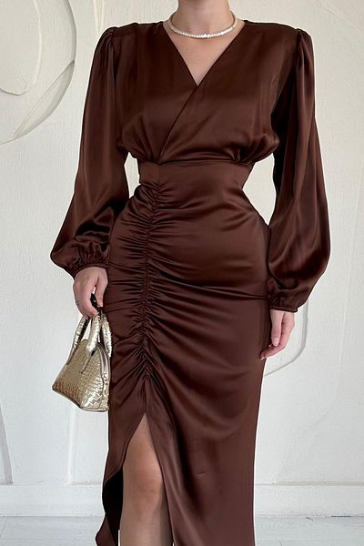 Elbee Fashion Woman V-Neck Satin Dress