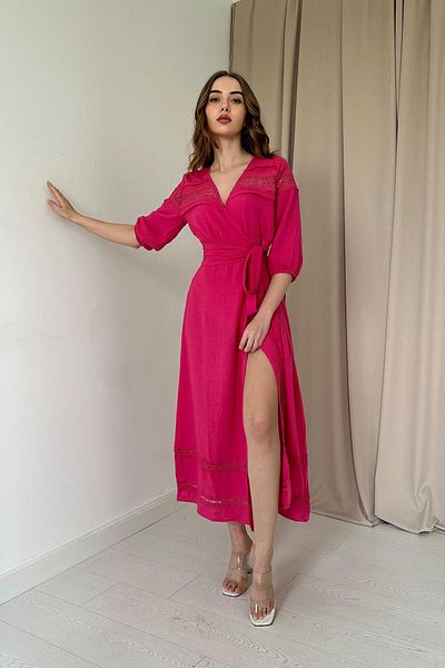 Elbee Fashion Woman Φόρεμα από λινό με λεπτομέρεια δαντέλας