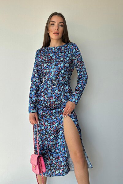 Elbee Fashion Woman Eteği Yırtmaçlı Kemerli Elbise