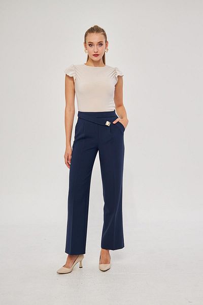 LOVELF Navy Blue Square Button Wide Leg Trousers