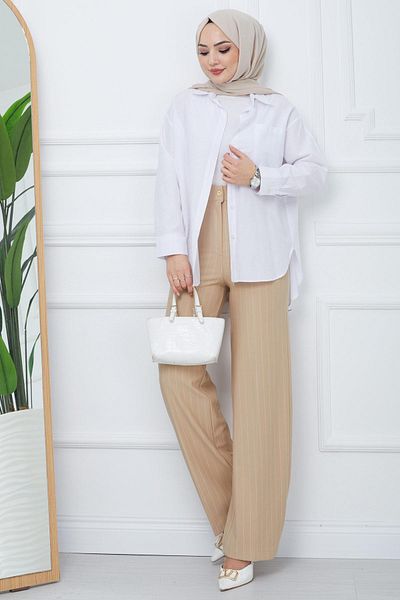 hafsamina Beige Striped Crepe Trousers - Wide Leg HM2355