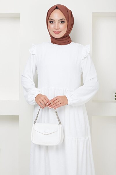 hafsamina Λευκό Μουσουλμανικό Φόρεμα - Βολάν ώμου, Ayrobin HM2062