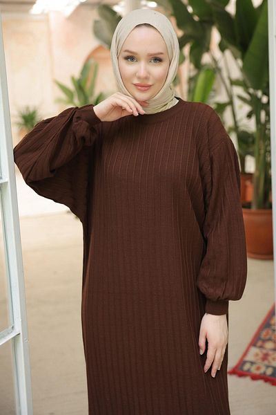 hafsamina Balloon Sleeve Crew Neck Knitwear Dress - Brown Hm2518