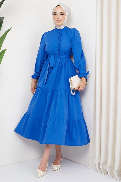 hafsamina Φόρεμα Frilly με δεμένο μανίκι Indigo HM2078