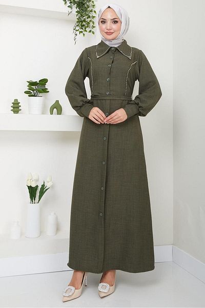 hafsamina Χακί Φόρεμα Sofia Beaded - HM2476