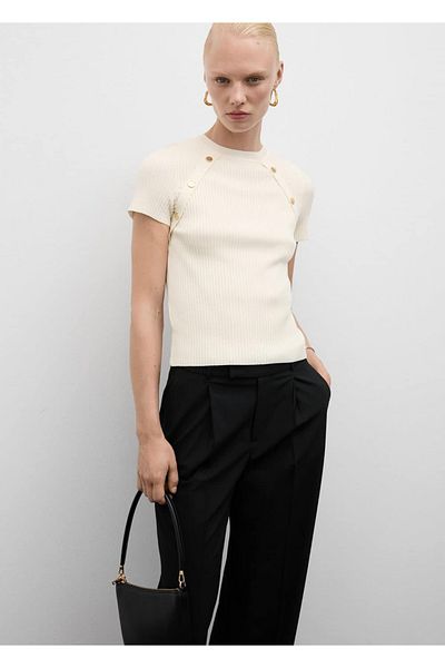 MANGO Woman Ribbed Short Sleeve Sweater - Buttoned Design