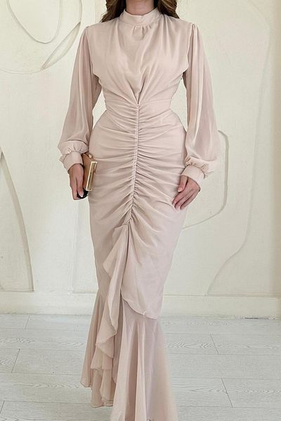 Elbee Fashion Woman Μπροστινό μαζεμένο φόρεμα σιφόν