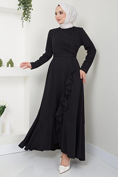 hafsamina Eteği Fırfırlı Drapeli Elbise Siyah HM2419