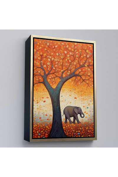 Oxyteez Pictură de copac de portocale cu cadru din lemn și elefant sub el-7513