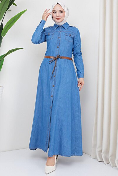 hafsamina Belted Buttoned Denim Dress Light Blue HM2323