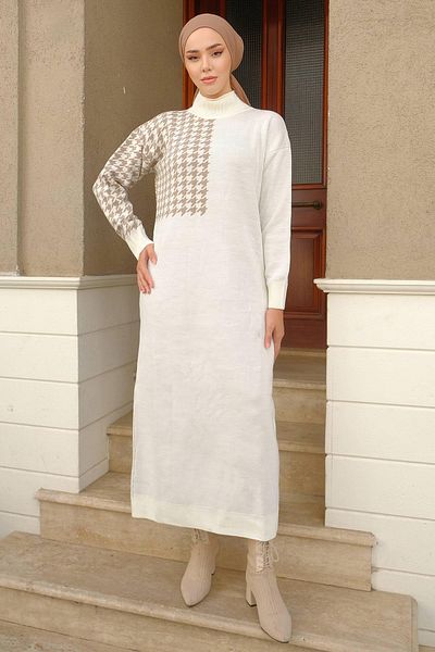 hafsamina Houndstooth Patterned Knitwear Dress White HM2241